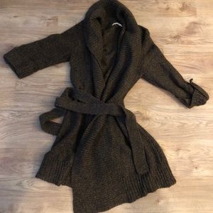 Brown elbow length tie waist cardigan